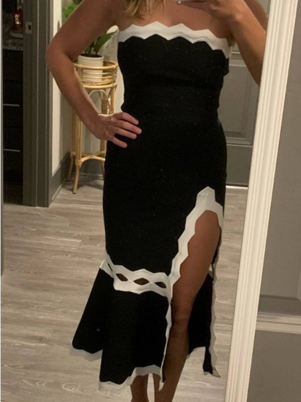 Strapless Black & White Scalloped Midi Cocktail Dress